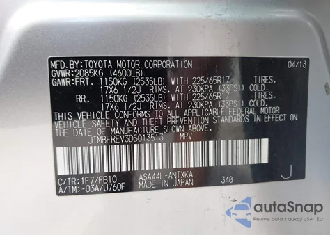 2013 Toyota Rav4 Le z USA, uszkodzony, nr VIN JTMBFREV3D5013513